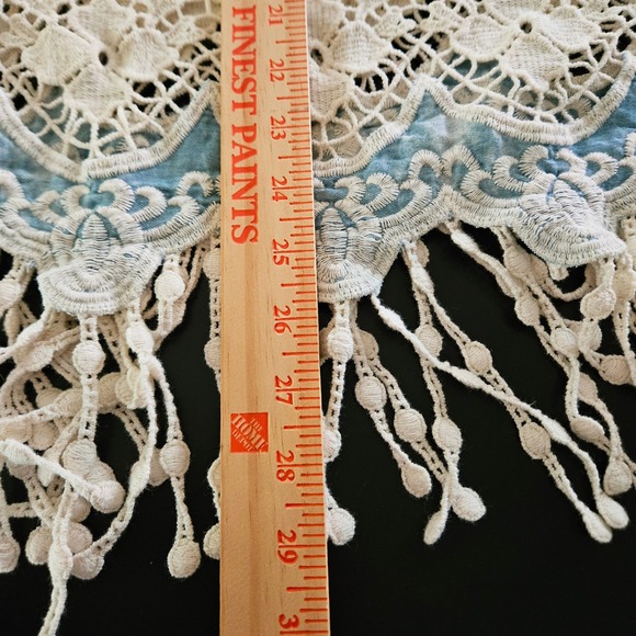 Womens Blue Boho Chambray Tank Top Large Crochet Lace Fringe Festival Coastal - Picture 8 of 10